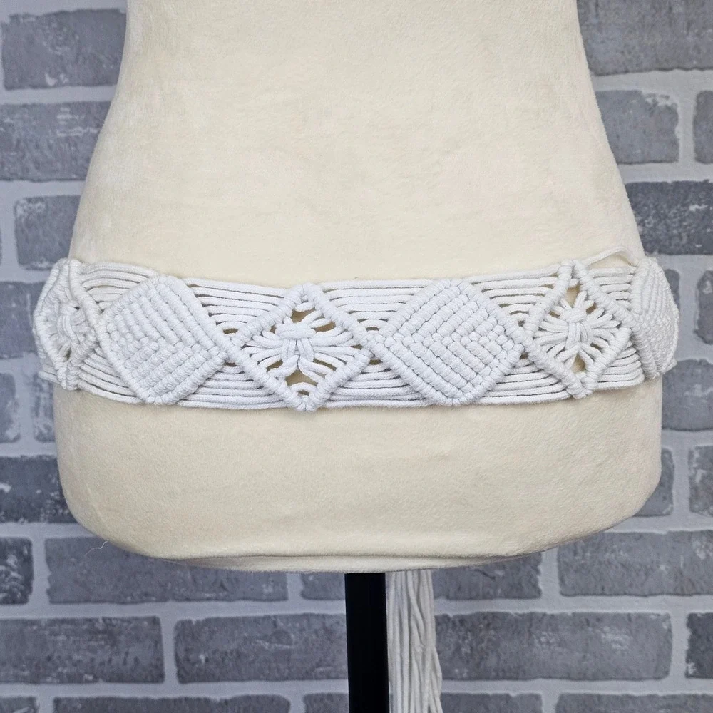 Vintage White Macrame Tie Belt Boho Hippie Festival Handmade Waist Belt